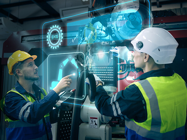 Two men with hard hats and yellow vests working on a high-tech computer