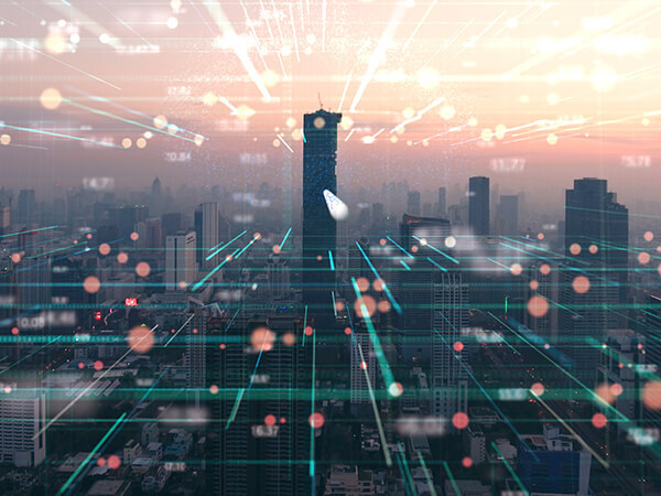 Business Network overview and locations Features 600x450 City skyline view with a grid of green lights