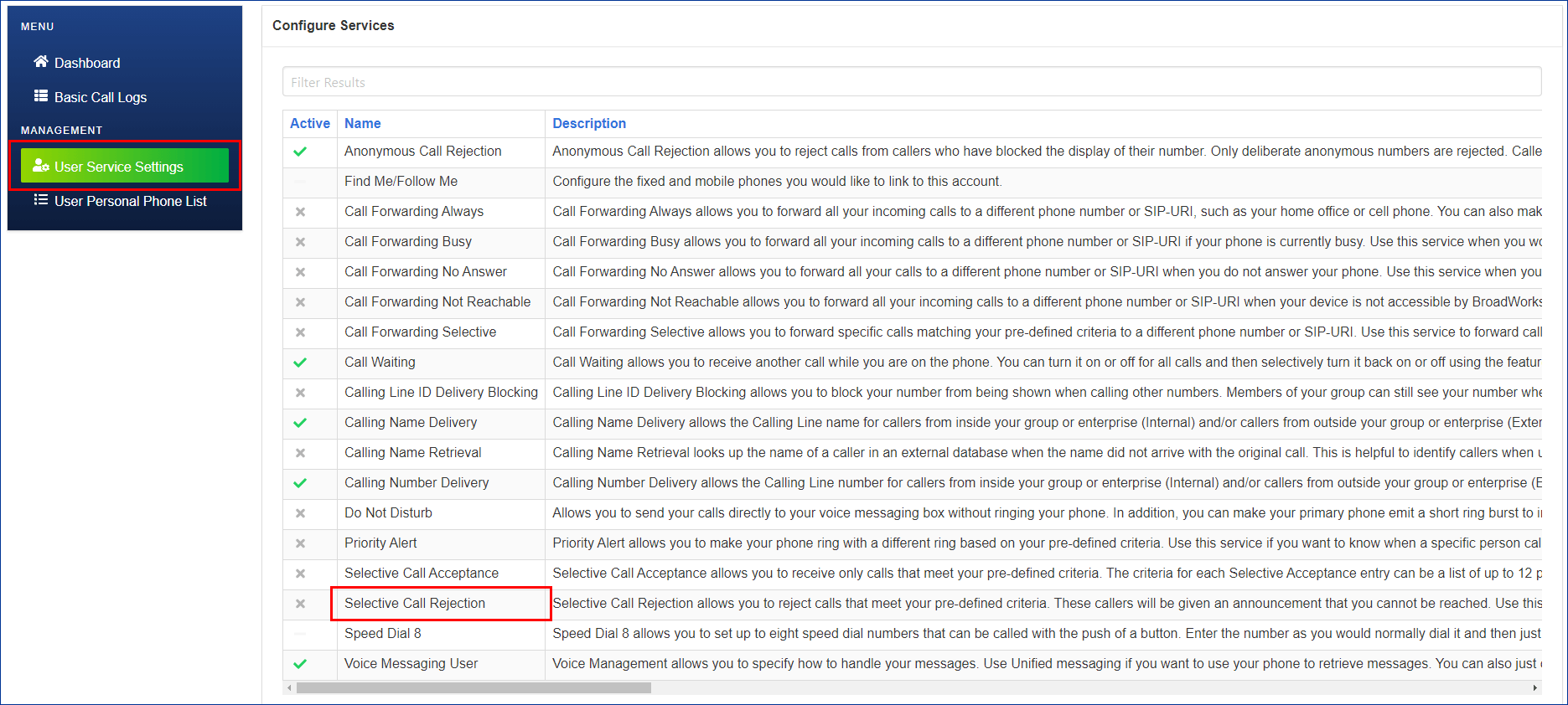 Selective Call Rejection feature