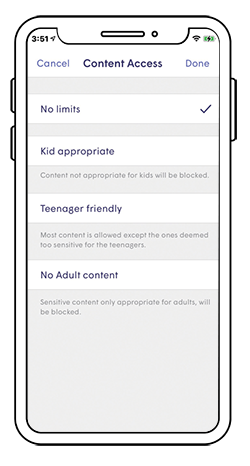 Parental control settings Parental control settings on app