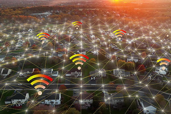 Sky view of a neighborhood with signal and connections