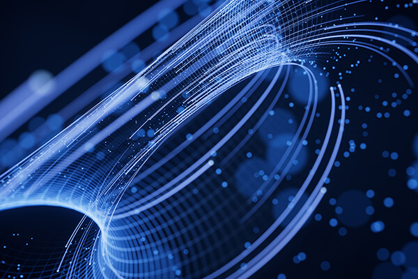 Neon blue lights swirling in the sky