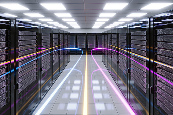 Neon lights swirling through a data center