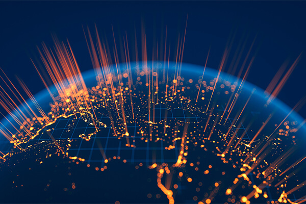 Global view with orange lights shooting towards atmosphere
