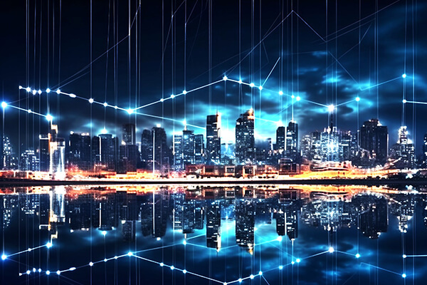 Abstract of connected dots and lines above a city skyline