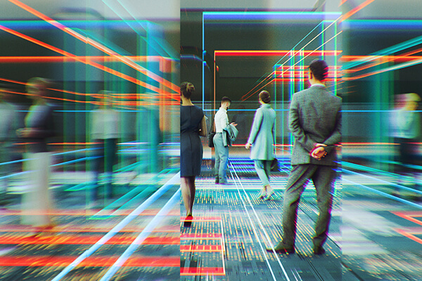 Neon lights with business people standing around