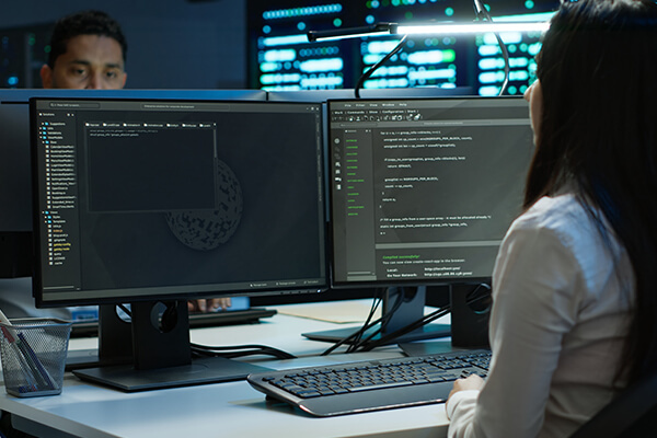 Business Single site enterprises Sub Hero 600x400 Woman looking at two computer screen monitors