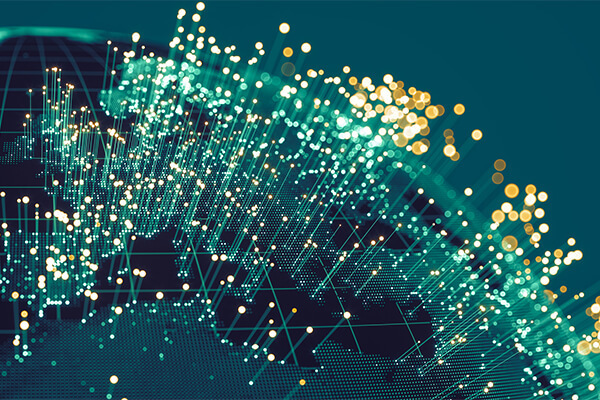 Global view of U.S. with lights shooting towards the atmosphere