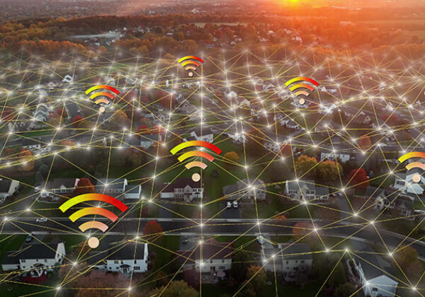 Sky view of a neighborhood with signal and connections