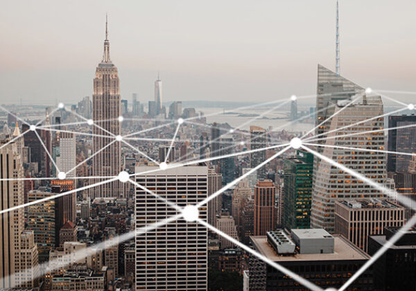 Business Business Cloud Access Sub Hero 600x400 White dots with connected lines above a city skyline