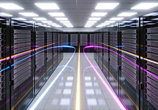 Neon lights swirling through a data center