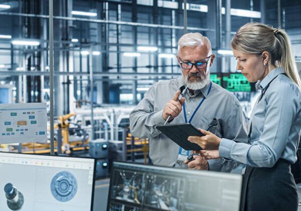 Business Manufacturing Sub Hero 600x400 Manufacturing area with two people looking at a tablet computer
