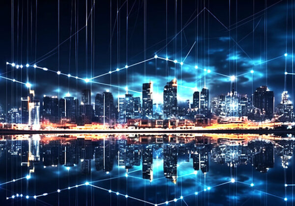 Abstract of connected dots and lines above a city skyline