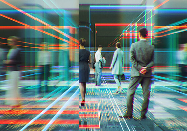 Neon lights with business people standing around