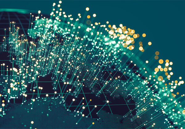 Global view of U.S. with lights shooting towards the atmosphere