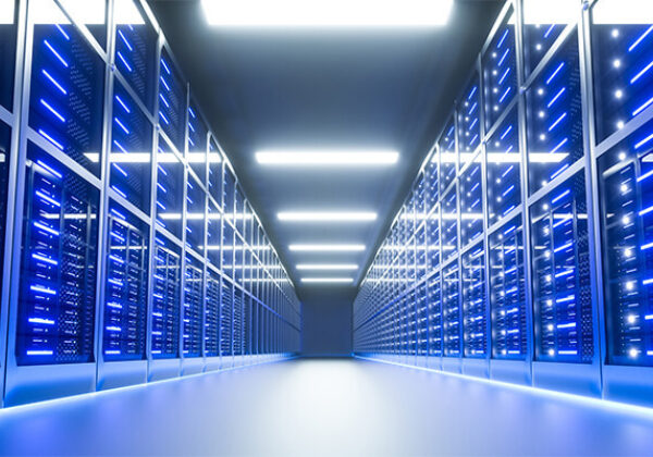 Lit up data center with a bunch of racks