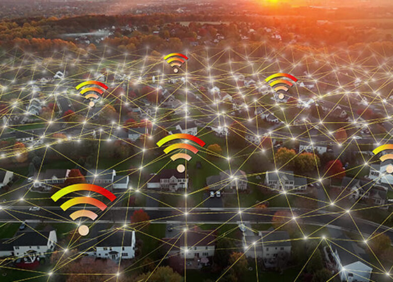 Sky view of a neighborhood with signal and connections