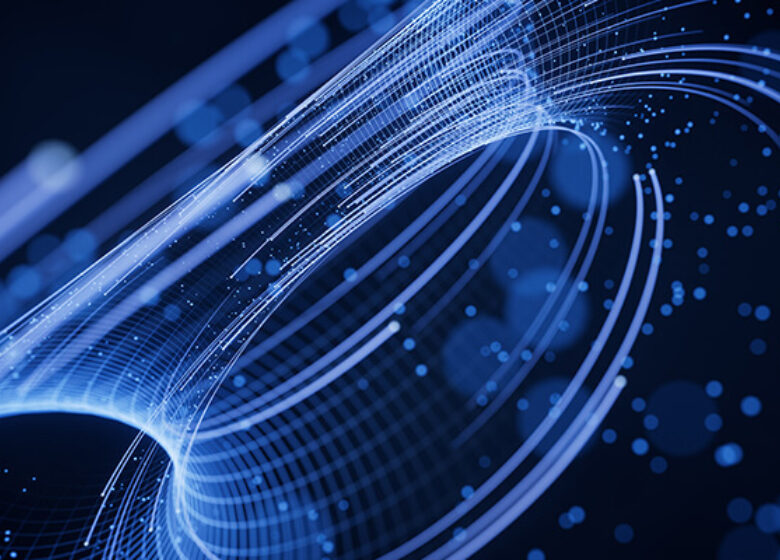 Neon blue lights swirling in the sky