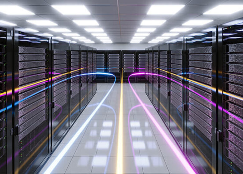 Neon lights swirling through a data center