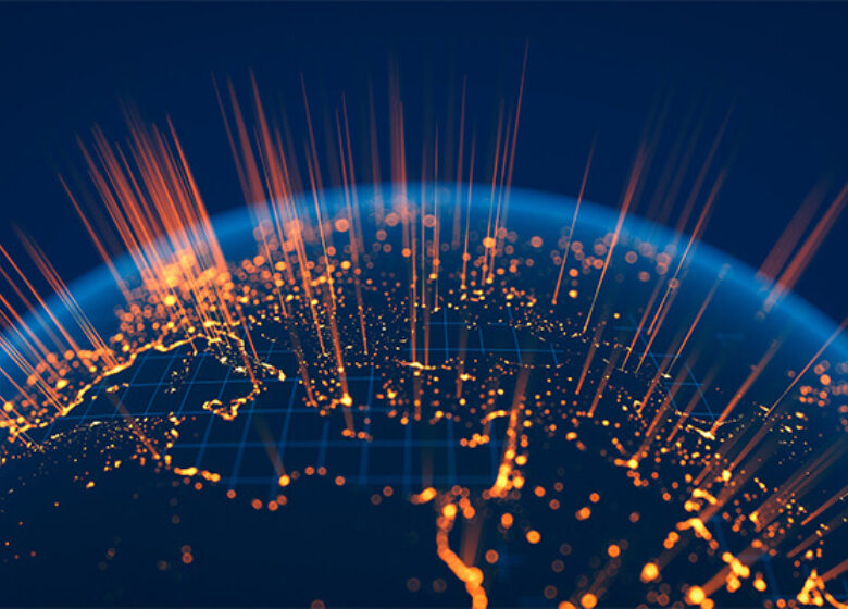Global view with orange lights shooting towards atmosphere