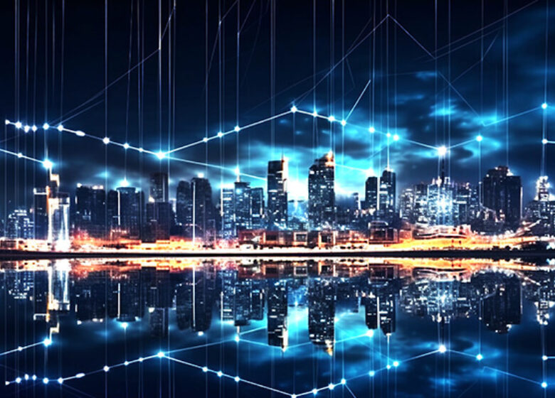 Abstract of connected dots and lines above a city skyline