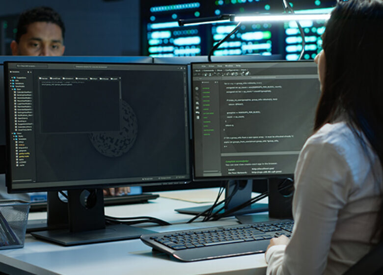 Business Single site enterprises Sub Hero 600x400 Woman looking at two computer screen monitors