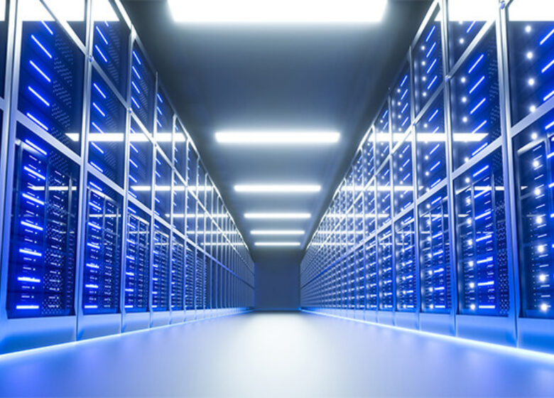 Lit up data center with a bunch of racks